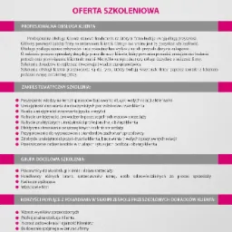 Oferta szkoleniowa Moniki Rudnik, trenera sprzedaży, z zakresem tematycznym, grupą docelową i korzyściami dla zespołu doradców klienta, w kolorach białym i fuksji.