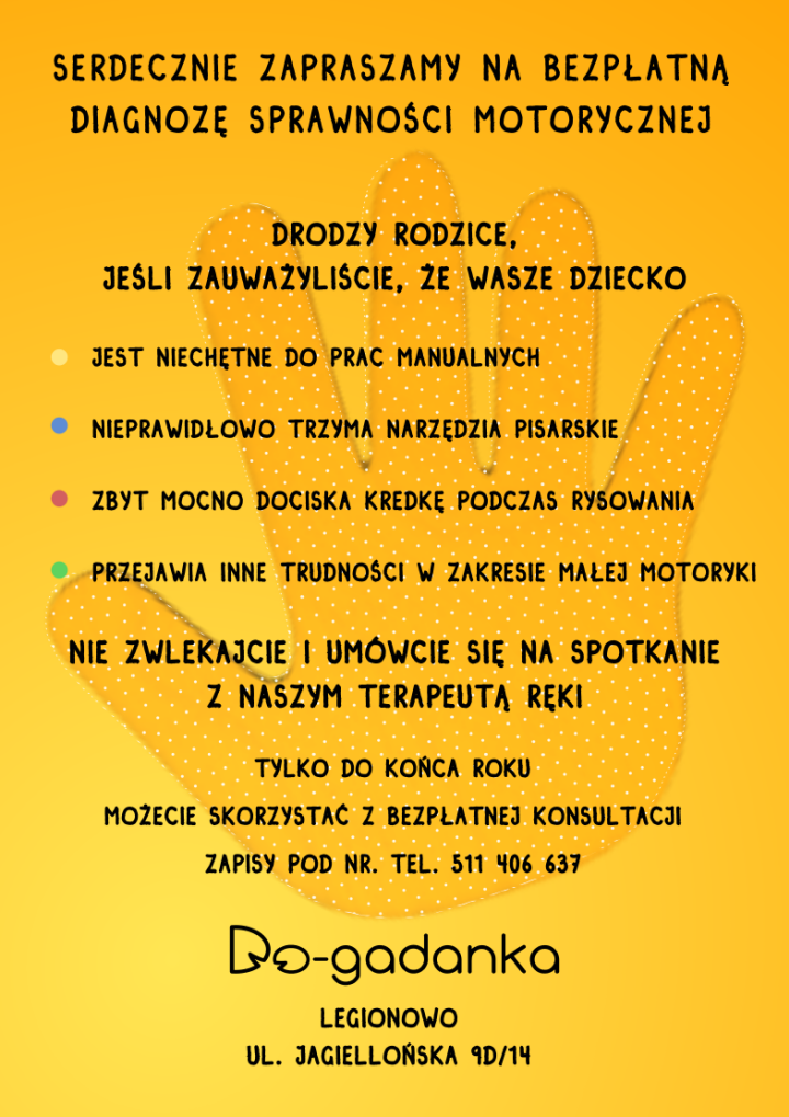 Plakat reklamowy zapraszający na bezpłatną diagnozę sprawności motorycznej dziecka, skierowany do rodziców, z listą objawów wskazujących na potencjalne trudności, numerem telefonu do zapisów...