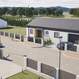 Pracownia Architektury Mikołajczyk - Wizualizacja osiedla domów jednorodzinnych z płaskimi dachami, ogrodzonych nowoczesnym, poziomym ogrodzeniem, z dwiema zaparkowanymi osobówkami i przechodzącymi osobami.