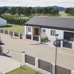 Wizualizacja osiedla domów jednorodzinnych z płaskimi dachami, ogrodzonych nowoczesnym, poziomym ogrodzeniem, z dwiema zaparkowanymi osobówkami i przechodzącymi osobami.
