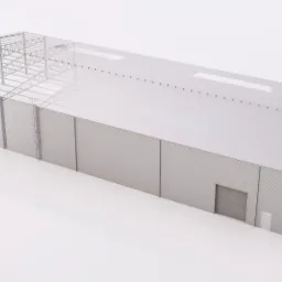 Wizualizacja 3D hali przemysłowej z częściowo ukończoną konstrukcją stalową dachu, widok z góry, jasne tło.