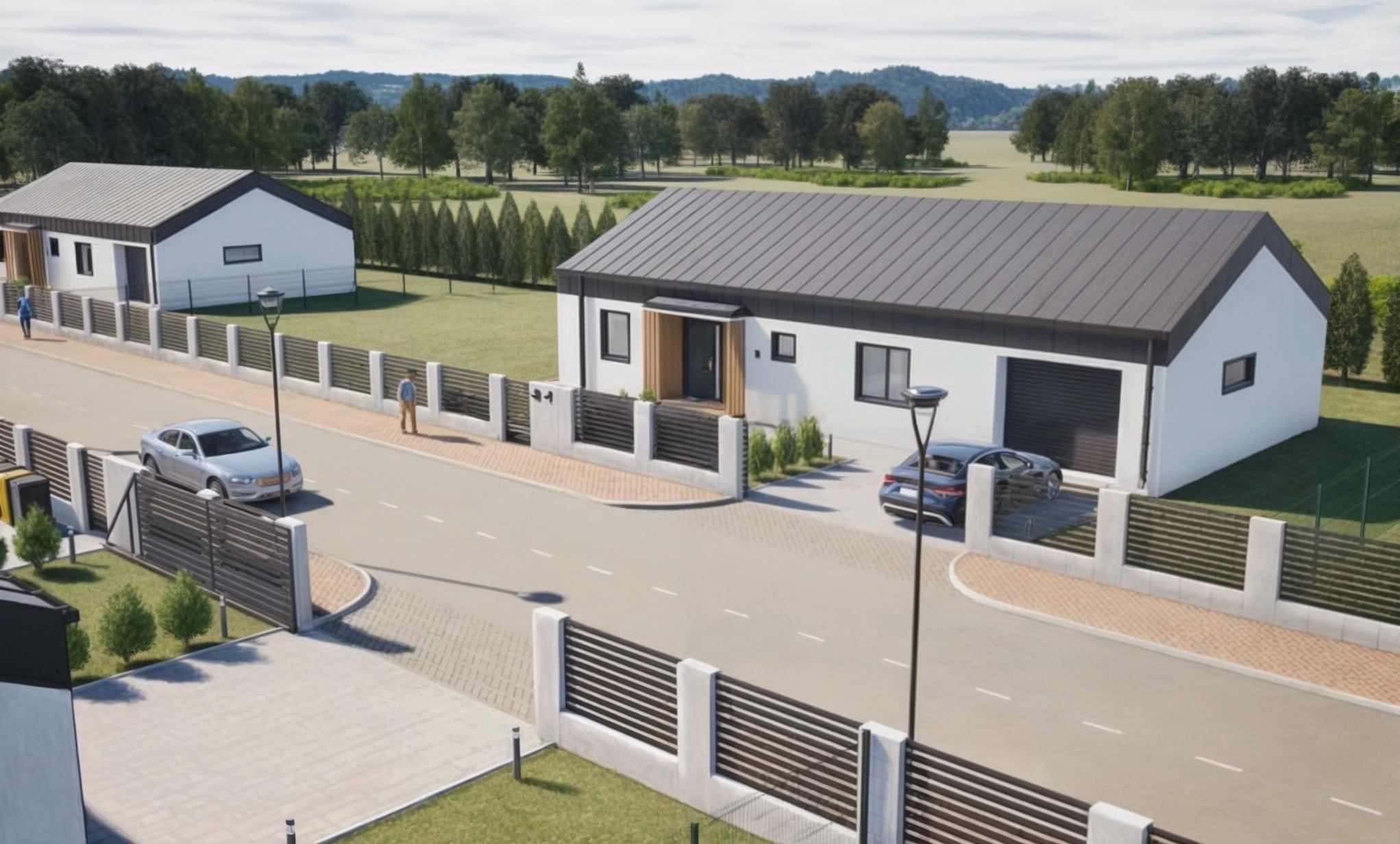 Wizualizacja osiedla domów jednorodzinnych z płaskimi dachami, ogrodzonych nowoczesnym, poziomym ogrodzeniem, z dwiema zaparkowanymi osobówkami i przechodzącymi osobami.