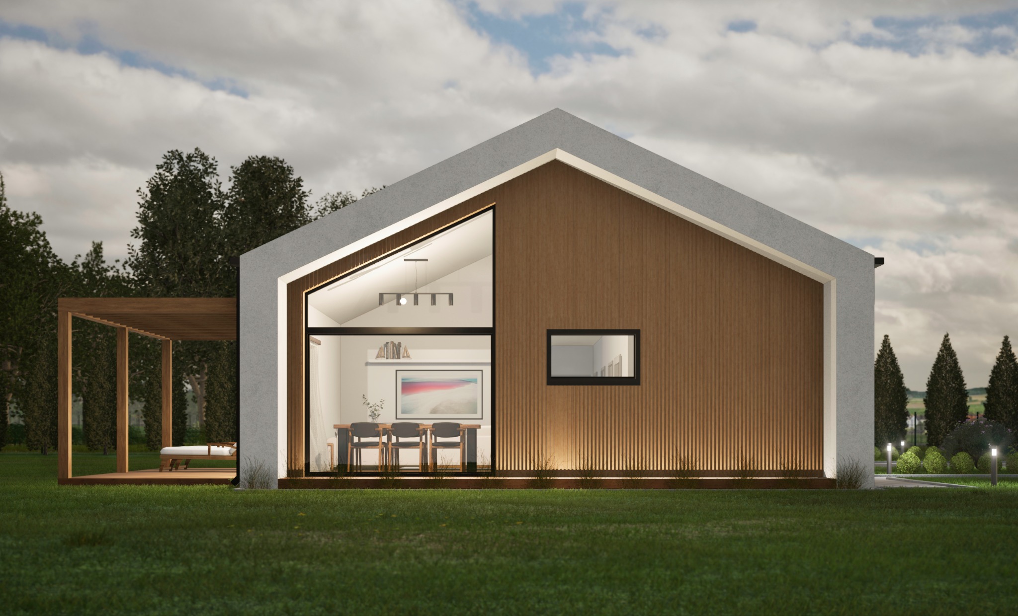 Nowoczesny dom jednorodzinny w Sieradzu, stylizowany na stodołę, z drewnianą elewacją i dużymi przeszkleniami, otoczony zielonym trawnikiem i pergolą z miejscem do wypoczynku.