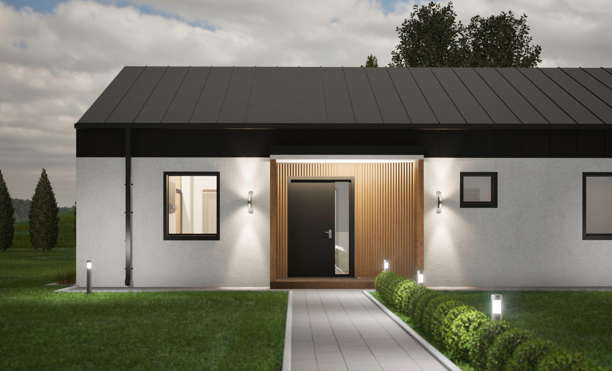 Elewacja nowoczesnego parterowego domu jednorodzinnego z płaskim dachem, oświetlonego lampami zewnętrznymi, z drewnianym panelem przy wejściu i chodnikiem z kostki brukowej.