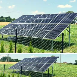 Dwa ujęcia paneli fotowoltaicznych zamontowanych na metalowej konstrukcji, ogrodzonych siatką, z widocznymi młodymi drzewkami w tle, w słoneczny dzień.