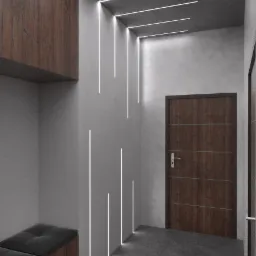 Wizualizacja korytarza z wbudowanymi szafkami z ciemnego drewna, siedziskiem z czarną tapicerką i pionowymi liniami świetlnymi w ścianie, prowadzącymi do drewnianych drzwi.