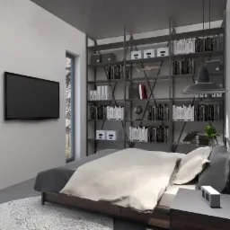 Wizualizacja sypialni z łóżkiem, regałem na książki zajmującym całą ścianę i telewizorem na ścianie, w stylu minimalistycznym z szarymi elementami.