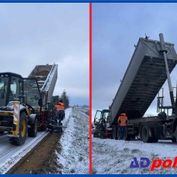 Adam Koziatek ADPOL USŁUGI REMONTOWO-BUDOWLANO-DEKARSKIE - Dwuobraz: ładowarka z podniesioną łyżką z ziemią i ciężarówka z podniesioną skrzynią ładunkową, zimowy krajobraz, pracownicy w odblaskowych kamizelkach.