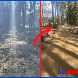 Zdjęcie 'przed i po' ukazujące drogę leśną: po lewej błotnista, po prawej wyrównana i utwardzona, otoczona drzewami. Czerwona strzałka wskazuje kierunek zmian.
