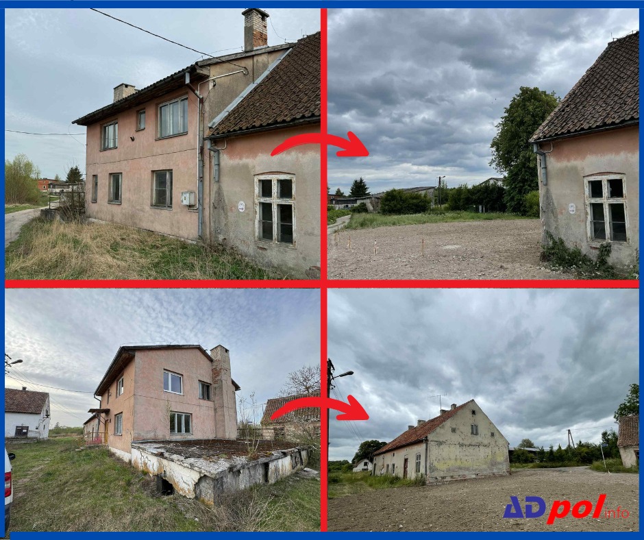 Kolaż czterech ujęć starego, dwukondygnacyjnego budynku przed rozbiórką, otoczonego niezagospodarowanym terenem. Widoczne ślady zaniedbania i erozji.