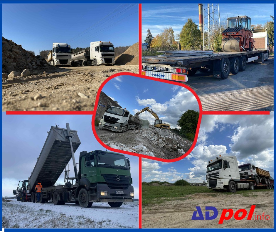 Kompozycja z transportem: ciężarówki z przyczepami, wywrotka z podniesioną skrzynią, koparka ładująca gruz, transport walca drogowego, różnorodne prace ziemne.