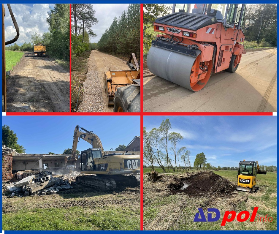 Kolaż przedstawiający transport ciężarowy, niwelację terenu i rozbiórki budynków w Chorzelach. Widoczny walec, wywrotka i koparka.