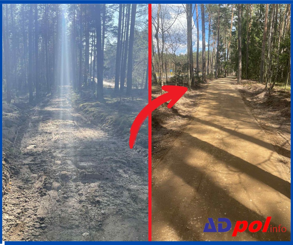 Zdjęcie 'przed i po' ukazujące drogę leśną: po lewej błotnista, po prawej wyrównana i utwardzona, otoczona drzewami. Czerwona strzałka wskazuje kierunek zmian.