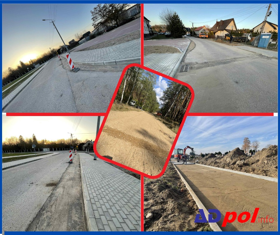 Montaż kostki brukowej i niwelacja terenu w kolażu: droga z chodnikiem, wyrównany teren i praca koparki. Widoczne etapy prac ziemnych i brukarskich.