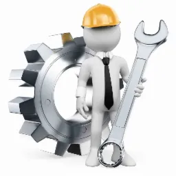 Animowana postać w kasku i krawacie trzyma klucz francuski, stojąc obok srebrnej zębatki na białym tle.