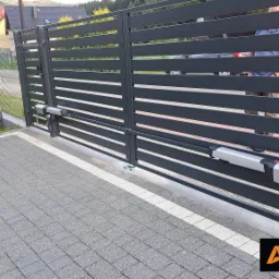 Nowoczesna, pozioma, panelowa brama wjazdowa w kolorze grafitowym z automatyką BFT, widoczna kostka brukowa i krzew z owocami w tle.