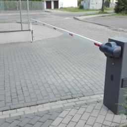 ALFABRAM SP. Z O.O. - Szara automatyczna bariera wjazdowa z czerwoną naklejką na ramieniu, obok kostka brukowa, krzew i fragment ogrodzenia panelowego w tle.