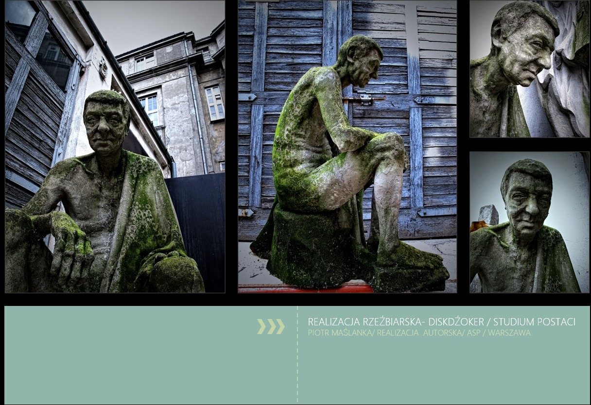 Kompozycja z czterech ujęć rzeźby siedzącej postaci pokrytej mchem na tle budynków i drewnianych drzwi.