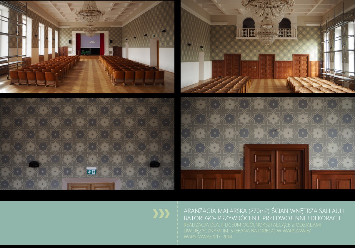 Sala auli liceum po malarskiej aranżacji, z rzędami krzeseł, parkietem i ścianami w geometryczne wzory, przywrócona przedwojenna dekoracja.