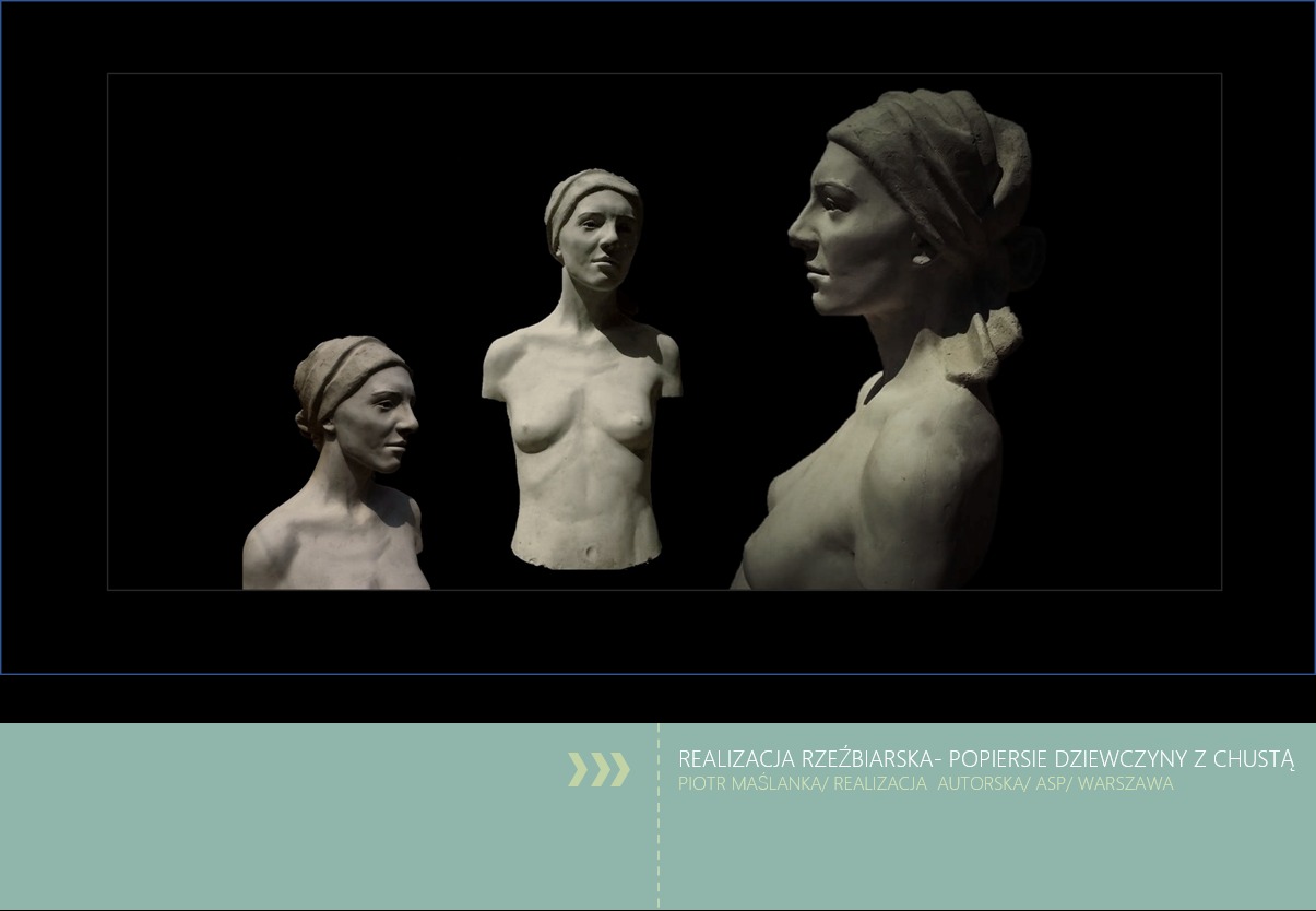 Prezentacja trzech gipsowych popiersi kobiety w chuście na głowie, w różnych ujęciach i skalach, na czarnym tle.