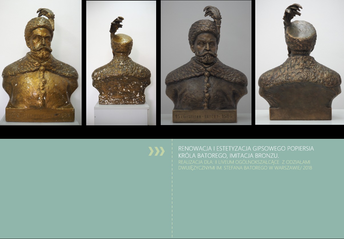 Gipsowe popiersie króla Stefana Batorego z roku 1586, imitacja brązu, prezentowane z przodu i z tyłu na białym tle, po renowacji i estetyzacji; widoczne ślady napraw i renowacji.