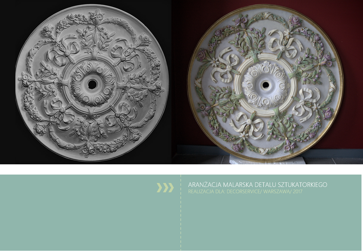 Porównanie surowego i pomalowanego detalu sztukatorskiego: okrągła rozeta sufitowa z motywami roślinnymi i wstążkami, po lewej w szarym odcieniu gipsu na czarnym tle, po prawej pomalowana...
