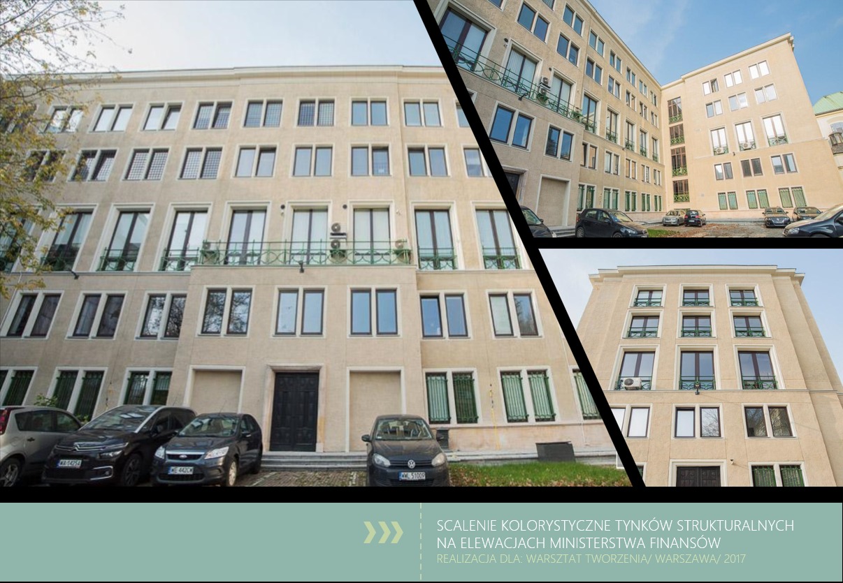 Odnowiona elewacja budynku Ministerstwa Finansów w Warszawie z zastosowaniem tynków strukturalnych, prezentowana w kolażu zdjęć z różnej perspektywy, z zaparkowanymi samochodami na pierwszym planie.