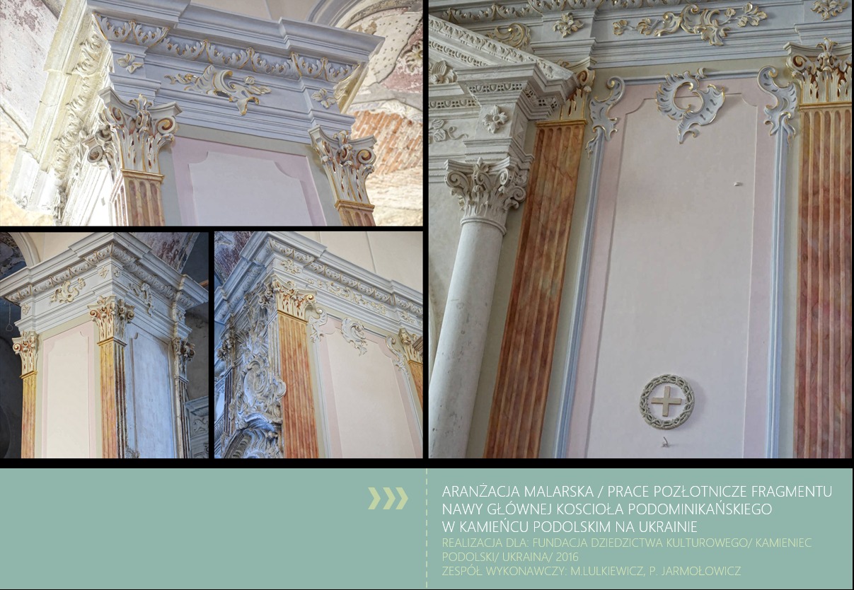 Fragment odrestaurowanej kolumny z kapitelem i zdobieniami w kościele, widoczne detale malarskie i pozłotnicze, krzyż w okręgu na ścianie.