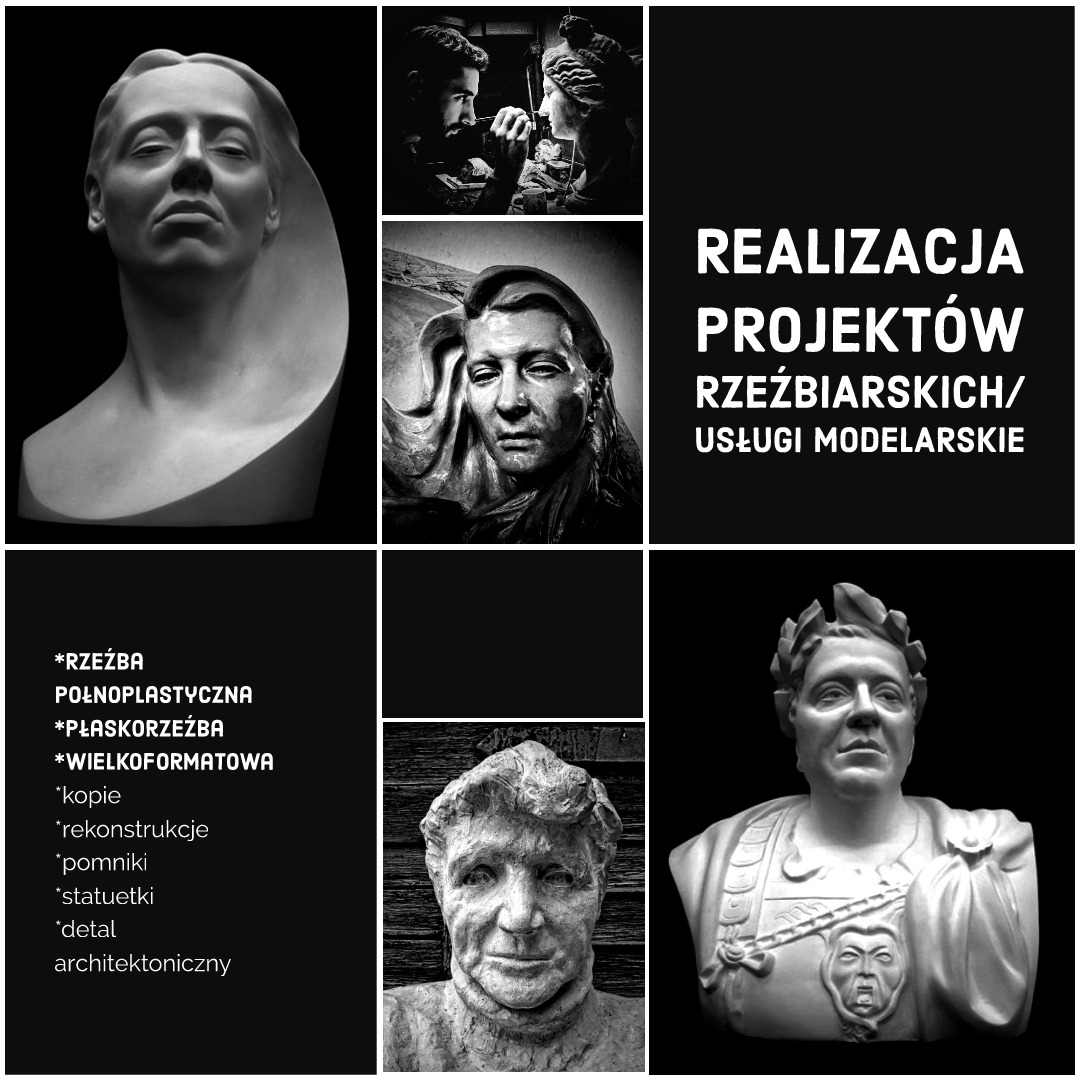 Kolaż czarno-białych zdjęć przedstawiający realizacje projektów rzeźbiarskich i usługi modelarskie: popiersia postaci historycznych w różnych stylach i stadiach tworzenia, artysta pracujący...