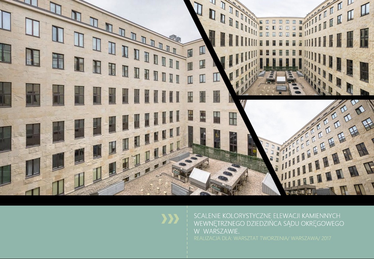 Kaskadowy kolaż prezentujący odnowioną, kamienną elewację wewnętrznego dziedzińca budynku z licznymi oknami; widoczne urządzenia wentylacyjne na dachu.