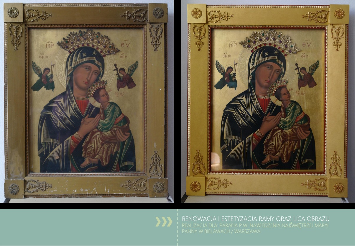Porównanie ikony Matki Boskiej z Dzieciątkiem przed i po renowacji ramy, ukazujące odnowione złocenia i detale dekoracyjne.
