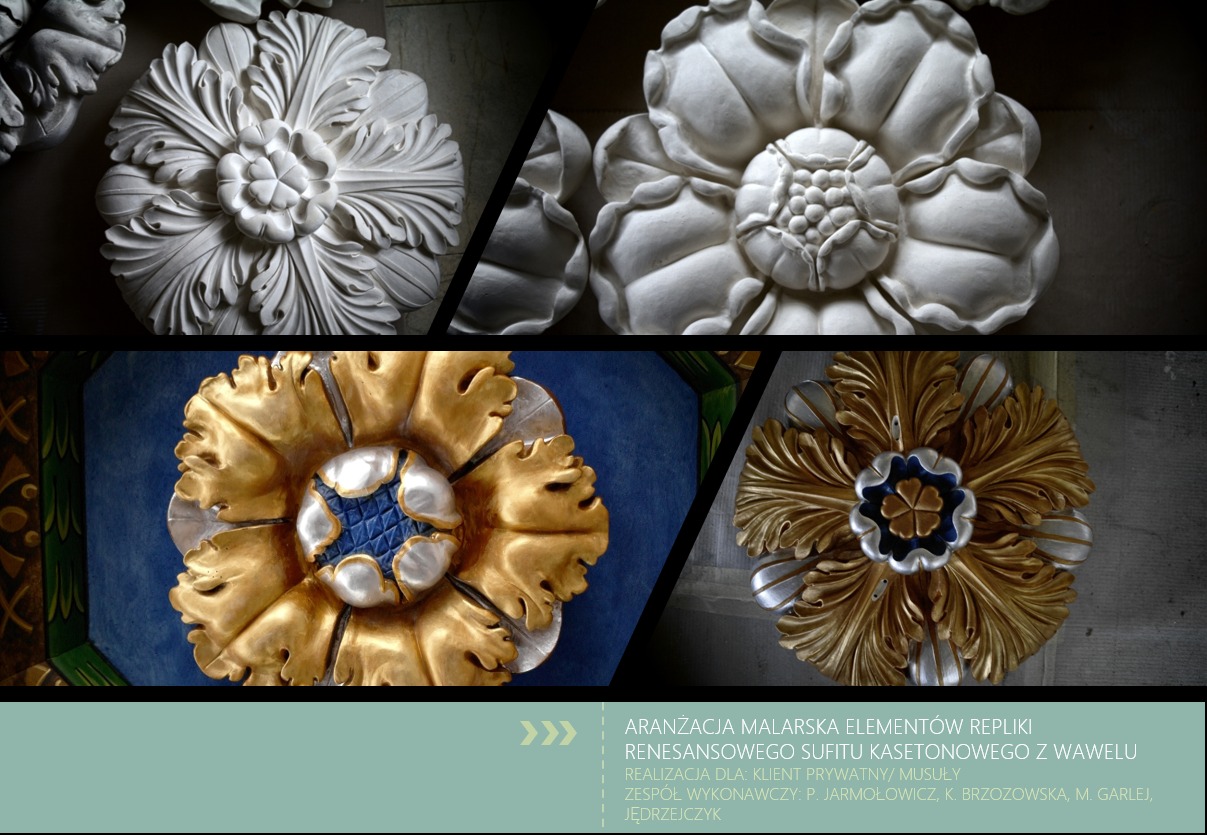 Kompozycja z czterech ujęć dekoracyjnych, sztukatorskich rozet w stylu renesansowym: dwie białe, jedna złoto-niebieska i jedna złoto-srebrna, każda z nich o innej fakturze i kształcie płatków.