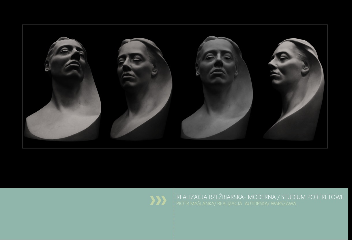 Cztery ujęcia popiersia kobiety w stylu modernistycznym, wykonane w czerni i bieli, ukazujące różne perspektywy i oświetlenie, na czarnym tle.