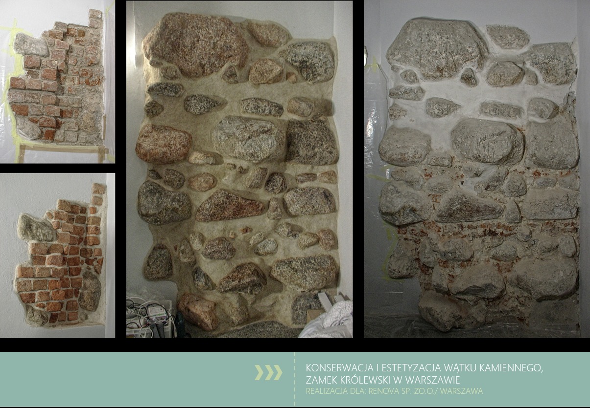 Fragment ściany z cegły i kamienia, w trakcie prac konserwatorskich, widoczne zabezpieczenia folią i pozostawione narzędzia