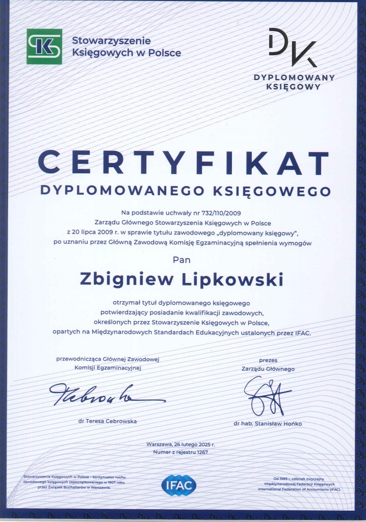 Certyfikat dyplomowanego księgowego Zbigniewa Lipkowskiego, wydany przez Stowarzyszenie Księgowych w Polsce, potwierdzający kwalifikacje zawodowe.