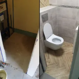 Porównanie stanu łazienki przed i po remoncie: surowa instalacja wnęki WC kontra wykończona toaleta z podwieszaną muszlą, szarymi płytkami i drewnopodobną podłogą ułożoną w jodełkę.