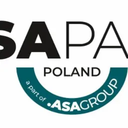 Logo firmy .ASAPACK Poland, będącej częścią .ASAGROUP, w kolorach czarnym i turkusowym na białym tle.