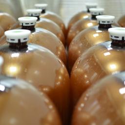 Browar Dwie Wieże - Rzędy plastikowych beczek z białymi korkami, wypełnionych brązową cieczą, prawdopodobnie piwem lub innym napojem alkoholowym, widziane z bliskiej perspektywy.