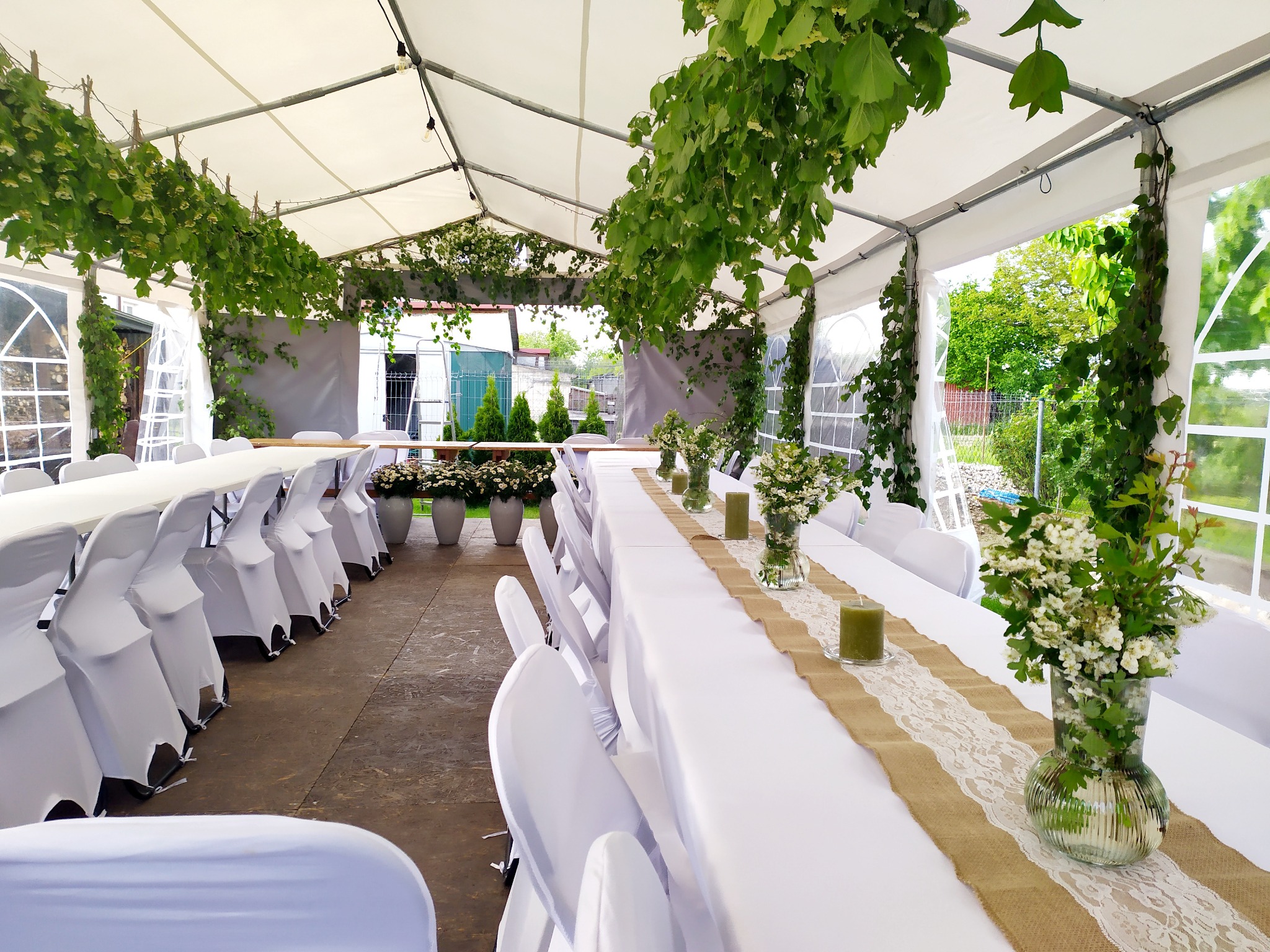 Uroczyste nakrycie stołów w białym namiocie z dekoracjami z zielonych pnączy i kwiatów, krzesła w białych pokrowcach, bieżniki z juty i koronki, świece w szklanych świecznikach.