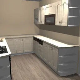 Wizualizacja projektu kuchni z jasnymi, frezowanymi frontami szafek, ciemnym akcentem w zabudowie piekarnika i płyty grzewczej, na tle beżowych ścian i drewnopodobnej podłogi.