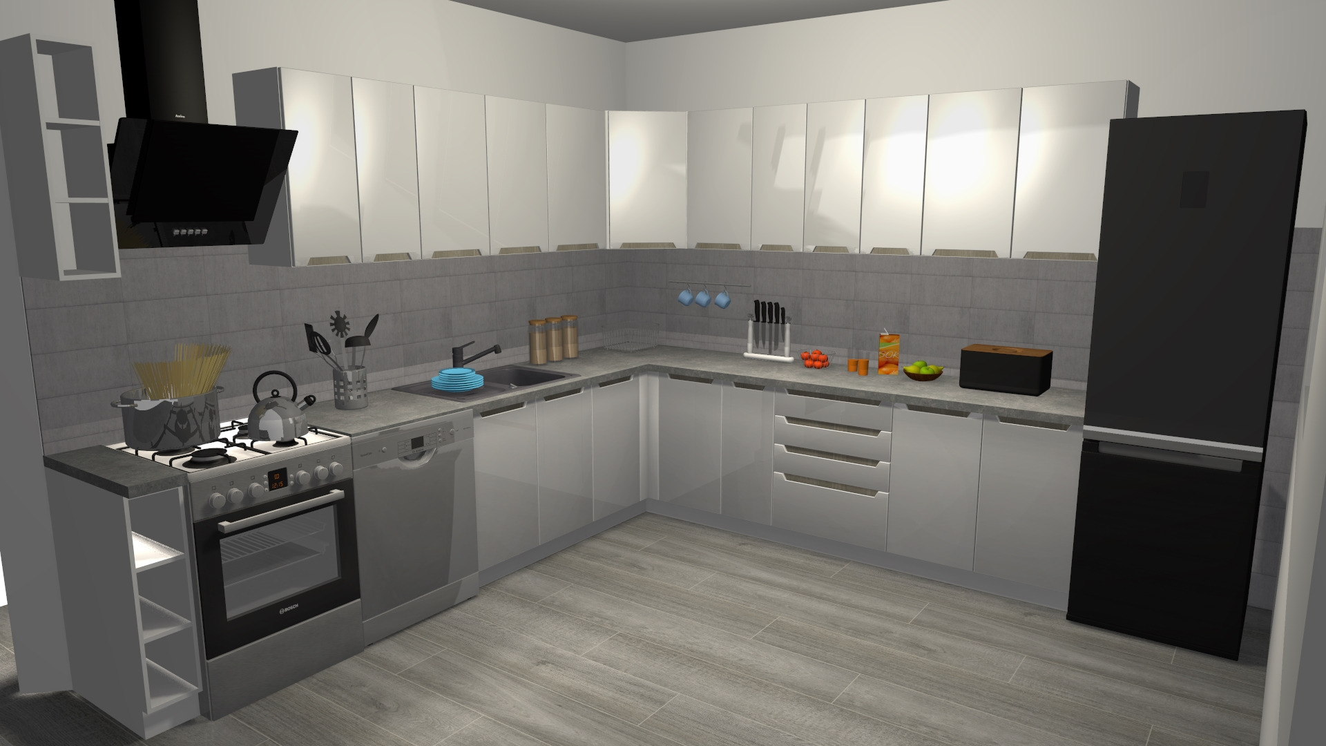 Wizualizacja nowoczesnej kuchni w odcieniach szarości i bieli, z czarną lodówką i okapem, na blacie stoi garnek z makaronem, czajnik i akcesoria kuchenne.