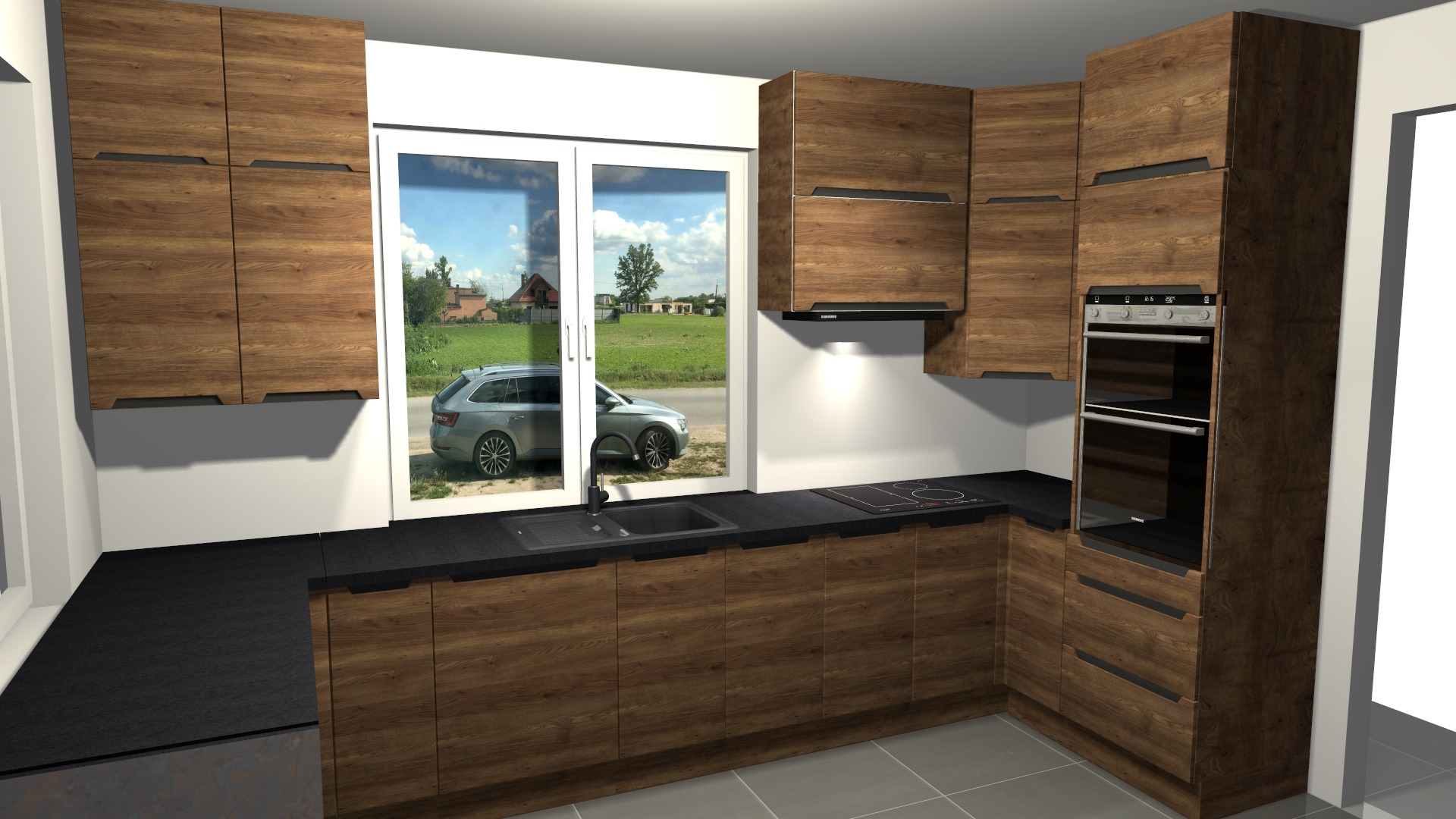 Wizualizacja kuchni z drewnianymi frontami i czarnym blatem w Żninie, z widokiem na podjazd i samochód za oknem.