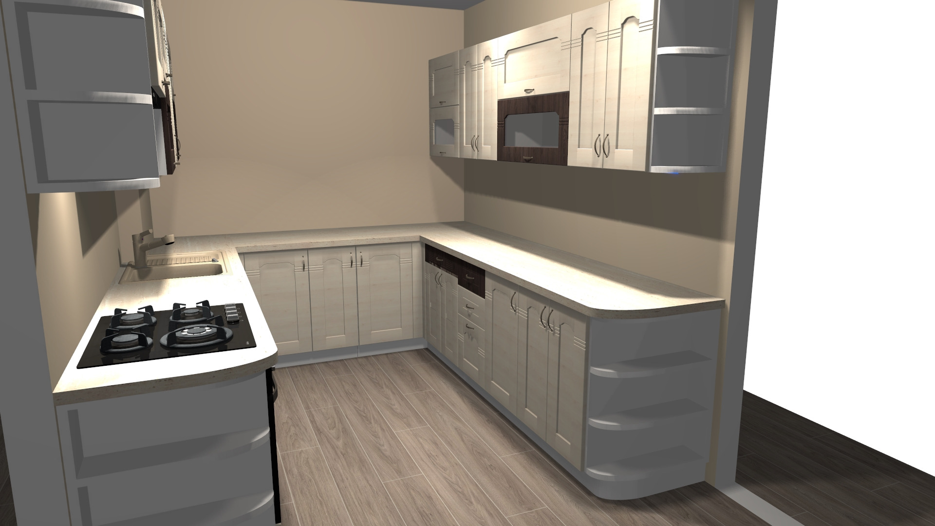 Wizualizacja projektu kuchni z jasnymi, frezowanymi frontami szafek, ciemnym akcentem w zabudowie piekarnika i płyty grzewczej, na tle beżowych ścian i drewnopodobnej podłogi.