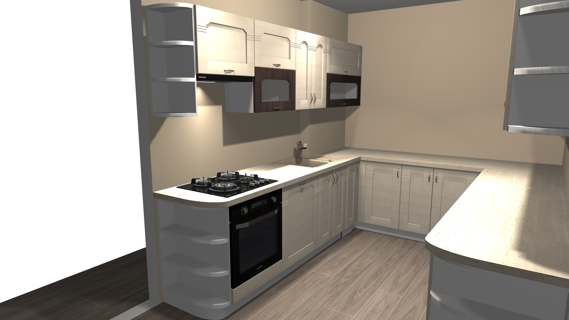 Wizualizacja kuchni z jasnymi frontami szafek, ciemnymi akcentami w górnych szafkach, zabudowaną płytą grzewczą i piekarnikiem, oraz otwartymi półkami na krańcach zabudowy.