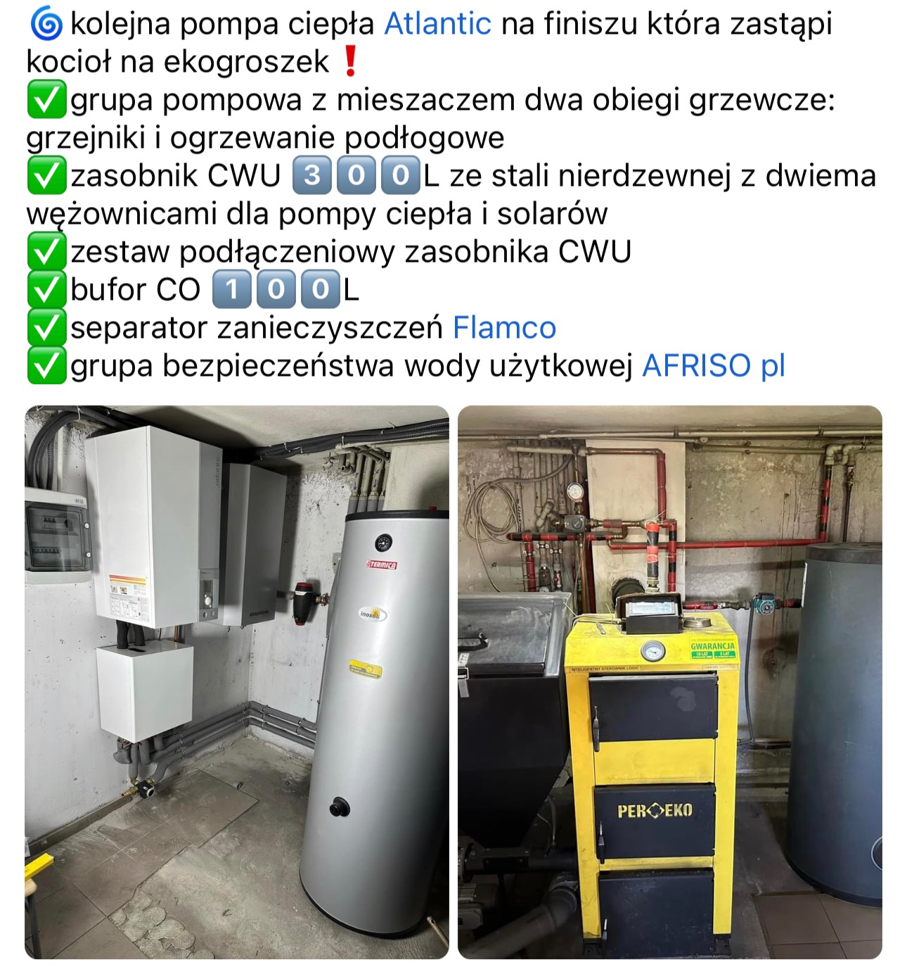 Zestawienie urządzeń grzewczych w kotłowni: pompa ciepła Atlantic, zasobnik CWU Termica Inoxol i żółty piec Per-Eko, widoczne rury i instalacje.