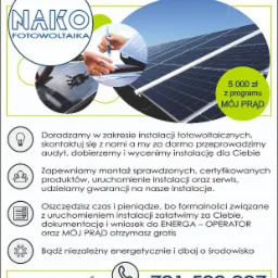 Plakat reklamowy firmy NAKO Fotowoltaika, prezentujący panele słoneczne, darmowy audyt i program Mój Prąd.