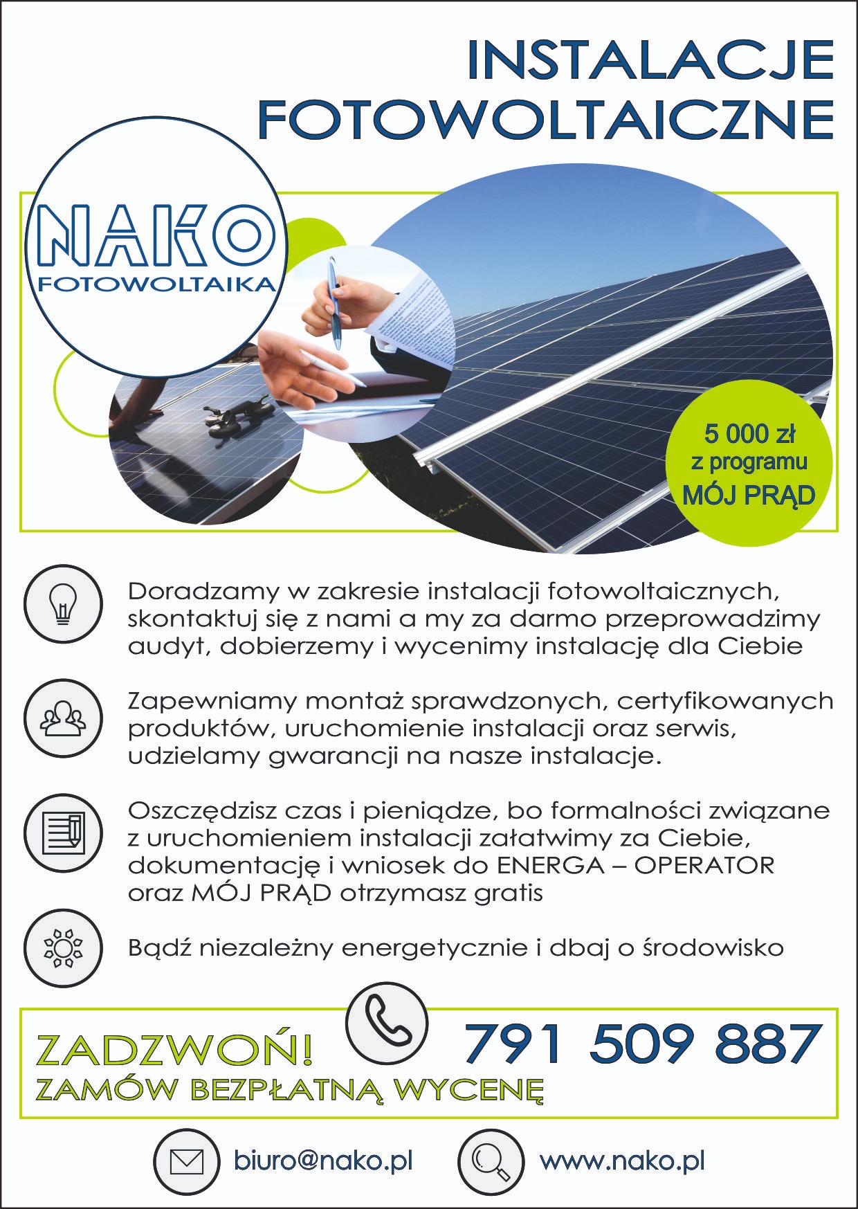 Plakat reklamowy firmy NAKO Fotowoltaika, prezentujący panele słoneczne, darmowy audyt i program Mój Prąd.