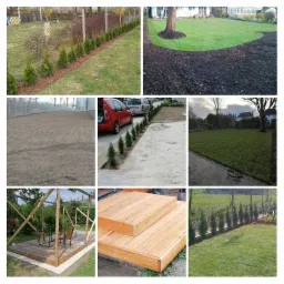 Kompozycja kolażu przedstawiająca różne etapy zagospodarowania terenu: obsadzone tujami obrzeża trawnika, rabata z korą wokół drzewa, wyrównany teren pod trawnik, rząd młodych drzewek wzdłuż...