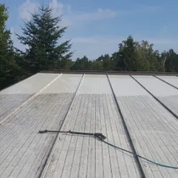 Metalowy dach z widoczną różnicą czystości po umyciu fragmentu, pistolet do mycia ciśnieniowego leży na dachu, w tle drzewa i błękitne niebo.