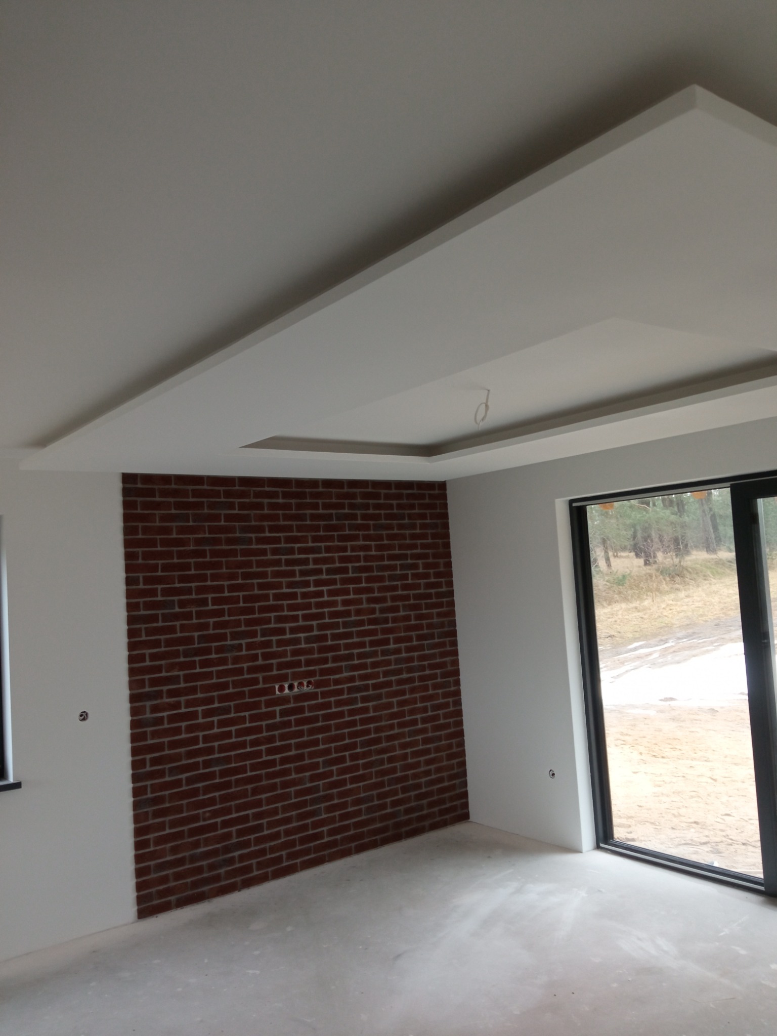 Wnętrze pokoju z fragmentem ściany wyłożonym czerwoną cegłą, białe ściany i sufit z dekoracyjnym podwieszanym elementem, duże okno tarasowe z widokiem na las.